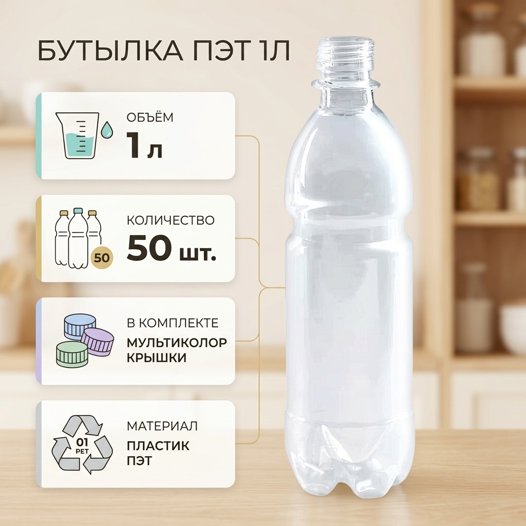 Бутылка ПЭТ 1л прозрачная с крышкой мультиколор (50 шт)