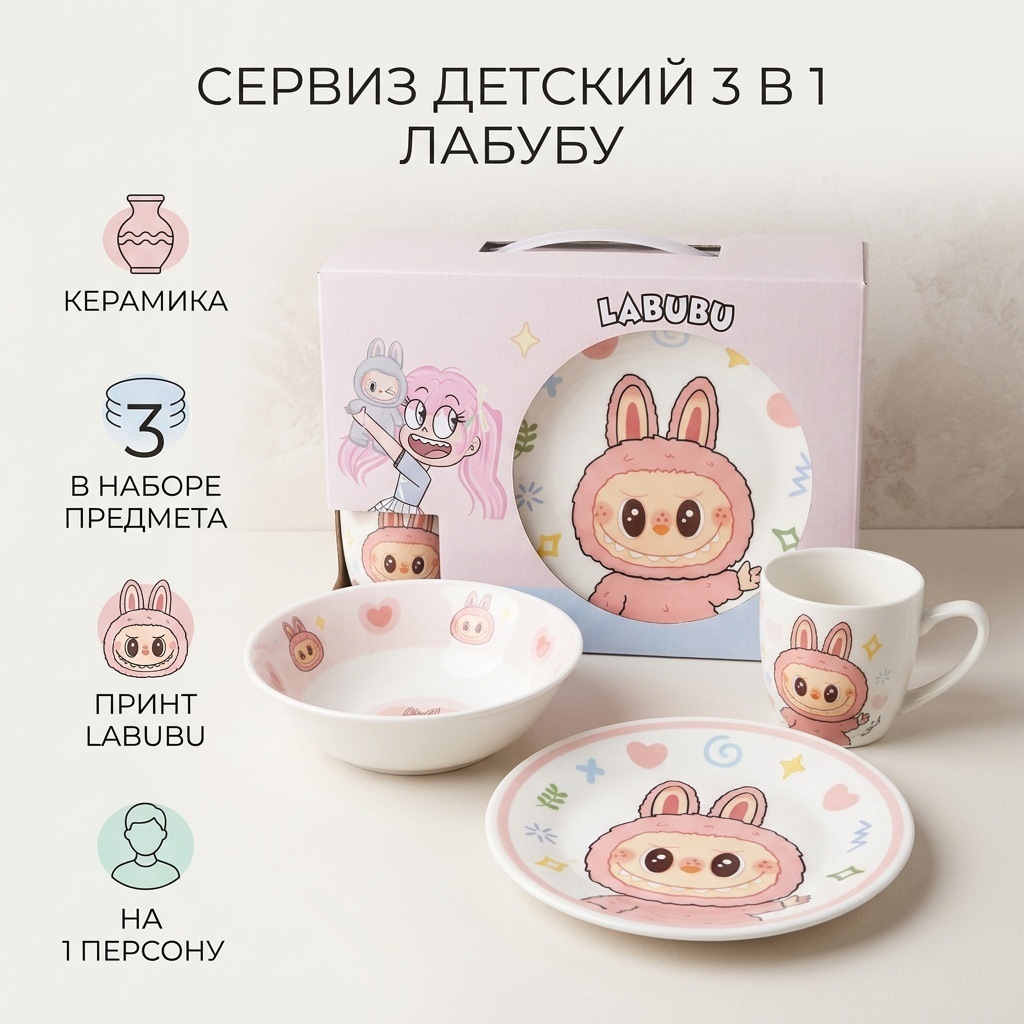 Сервиз на 1 персону Лабубу, предметов: 3, детский, керамика
