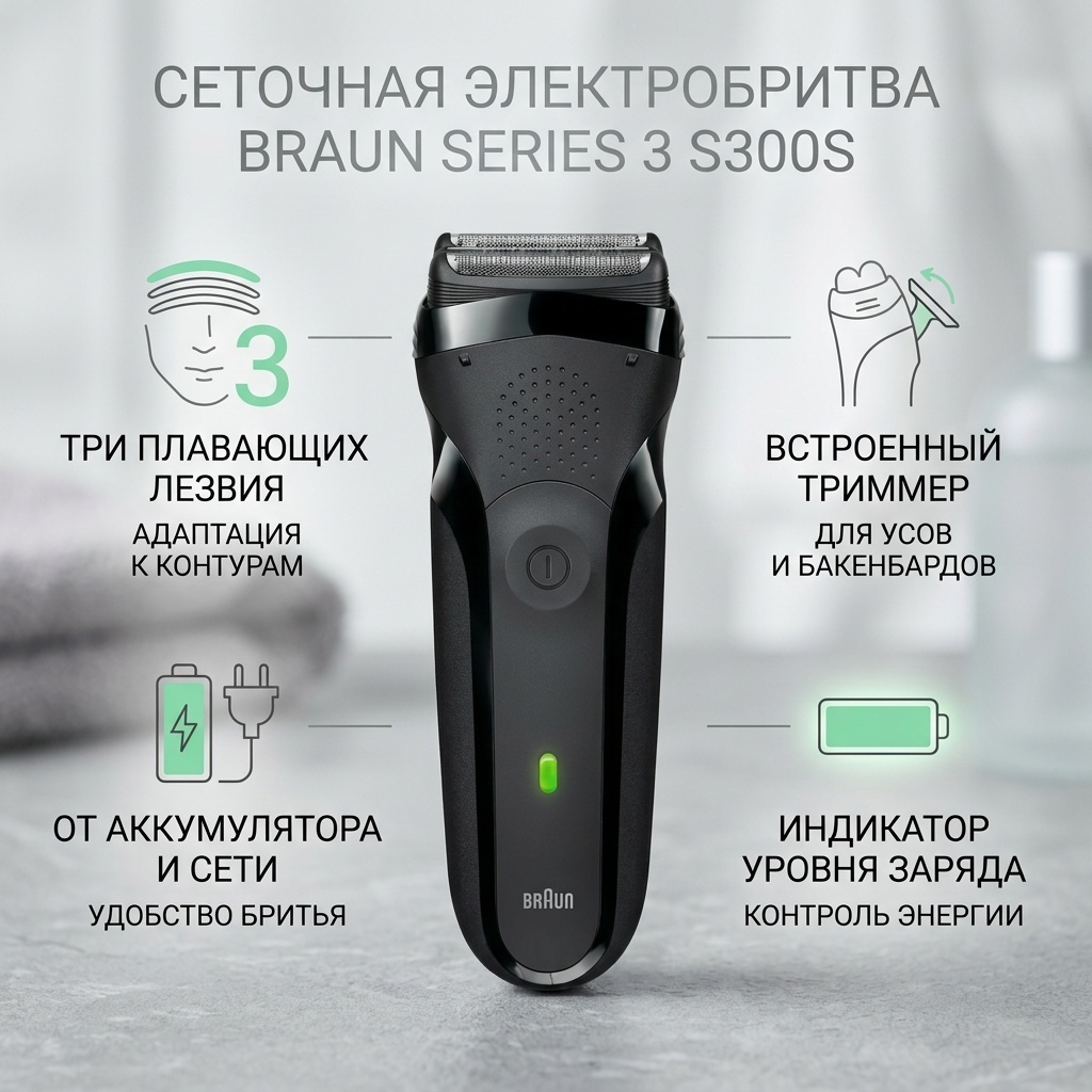 Электробритва Braun Shaver 300s BLK/BLK Box Euro сеточная