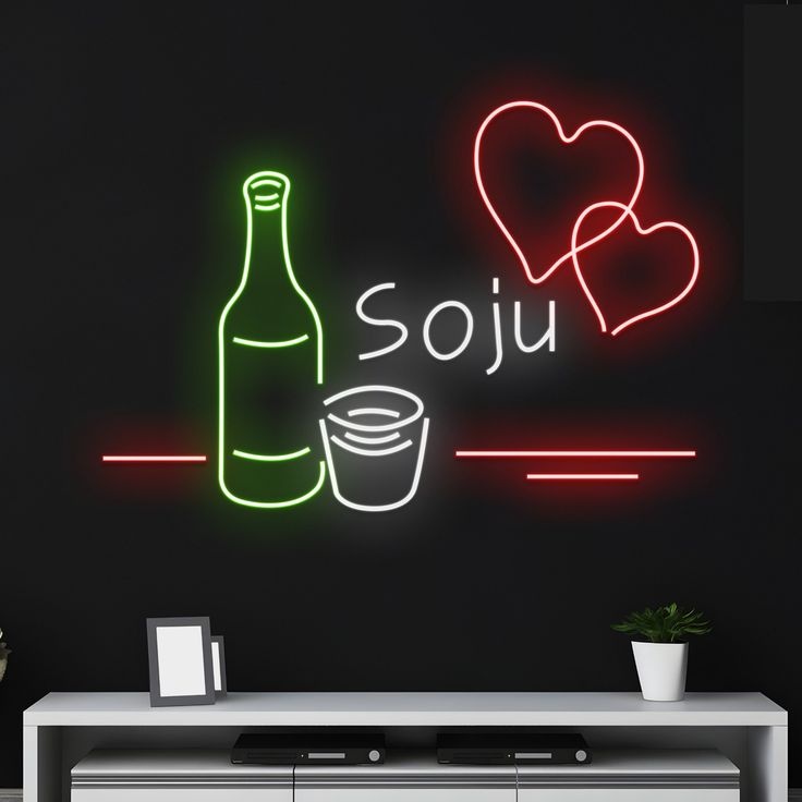 Neon.Omir неоновая вывеска настенный Soju, холодный белый, зеленый, красный