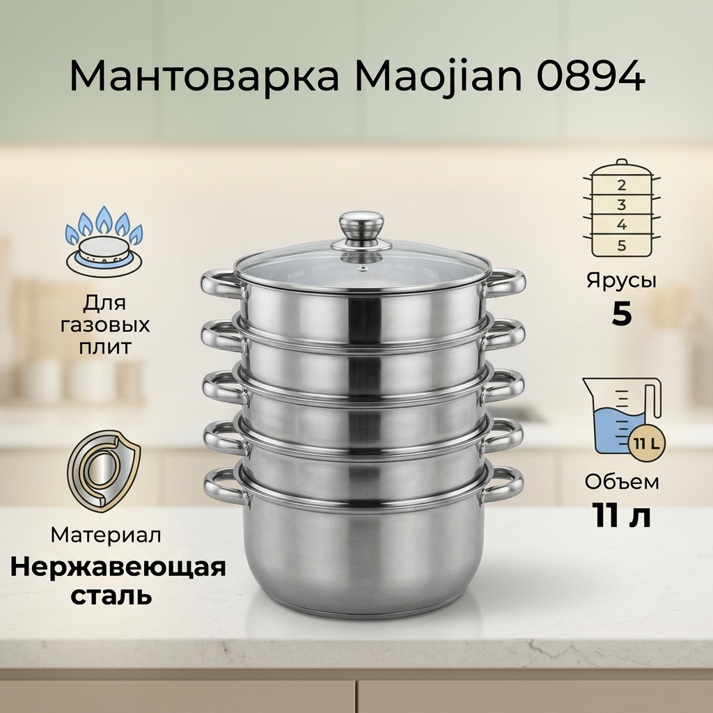 Мантоварка 11 л, Maojian нержавеющая сталь, количество ярусов: 5