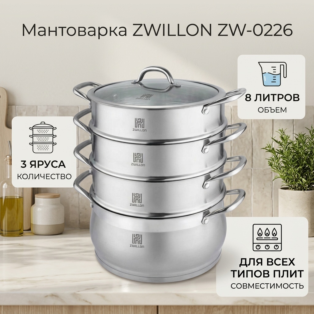 Мантоварка 8 л, ZWILLON ZW-0226 нержавеющая сталь, количество ярусов: 3