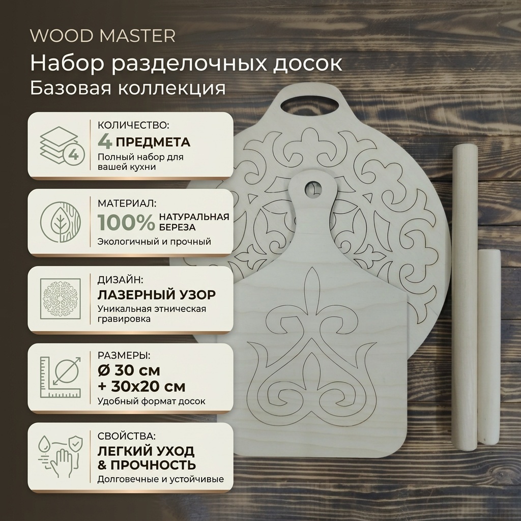 WOOD MASTER набор разделочных досок Базовая коллекция 827452 4 шт, береза