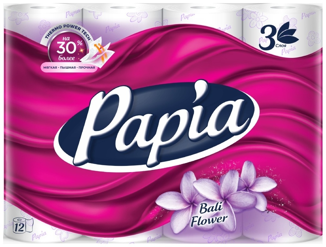 Papia Bali Flower туалетная бумага 3-слойный 12 шт, первичная целлюлоза