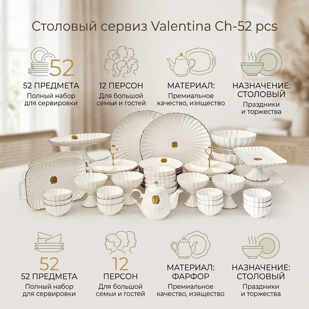 Сервиз на 12 персон Valentina Ch-52 pcs, предметов: 52, столовый, фарфор