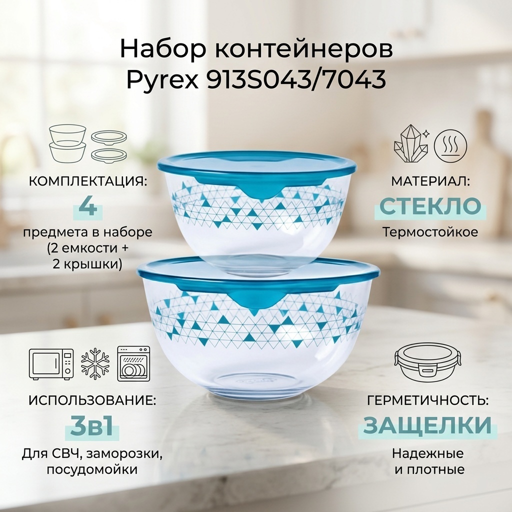 Pyrex набор контейнеров 913S043/7043 4 шт, стекло