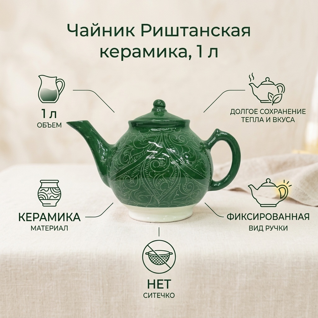 Чайник Риштанская керамика 741094 1 л, керамика