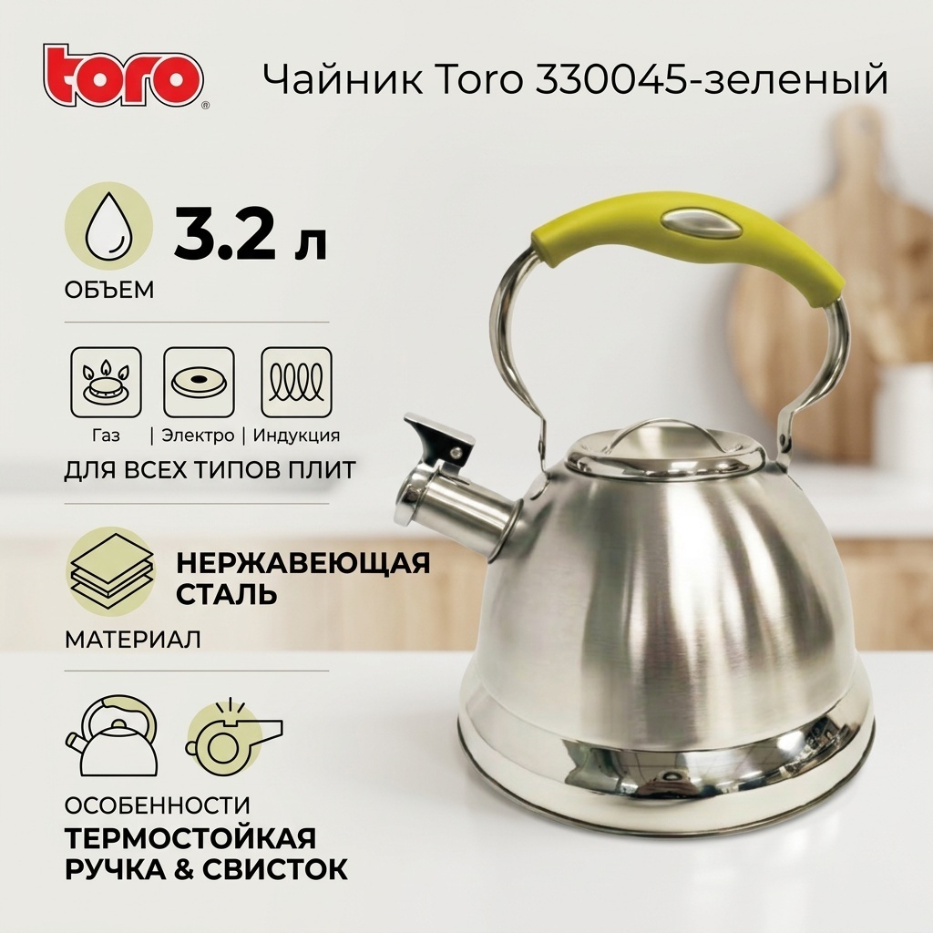 Toro чайник 330045-зеленый 3.2 л, нержавеющая сталь