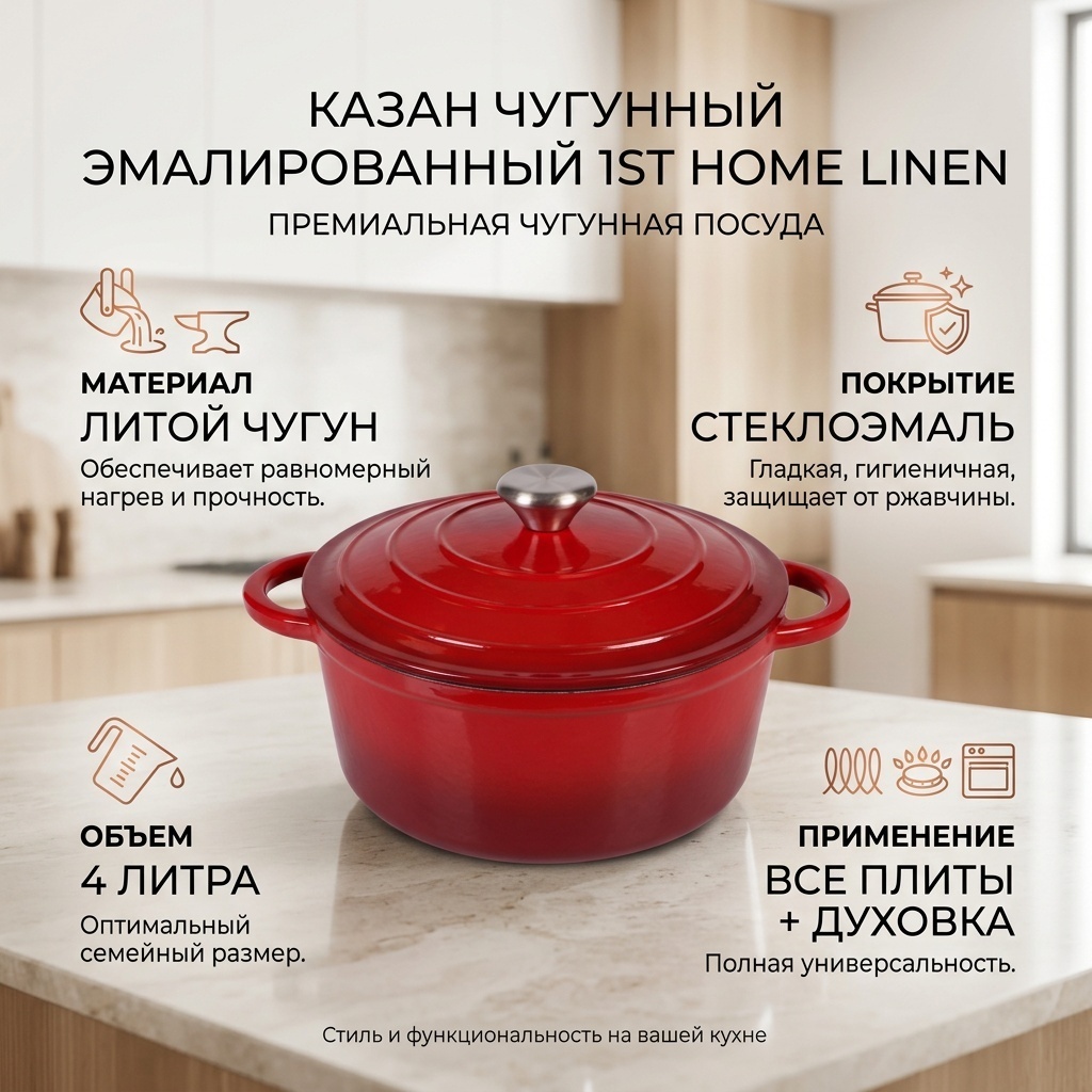 Казан 1st Home Linen 4 л, чугун
