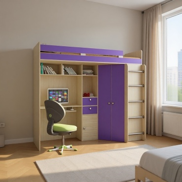 Двухъярусная кровать TURAN HOME Mega , 80x195 см, бежевый, фиолетовый