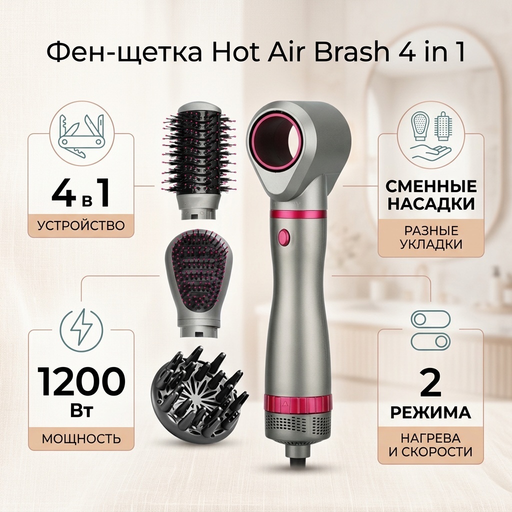 Hot Air Brash 4 in 1 фен-щетка серый, розовый