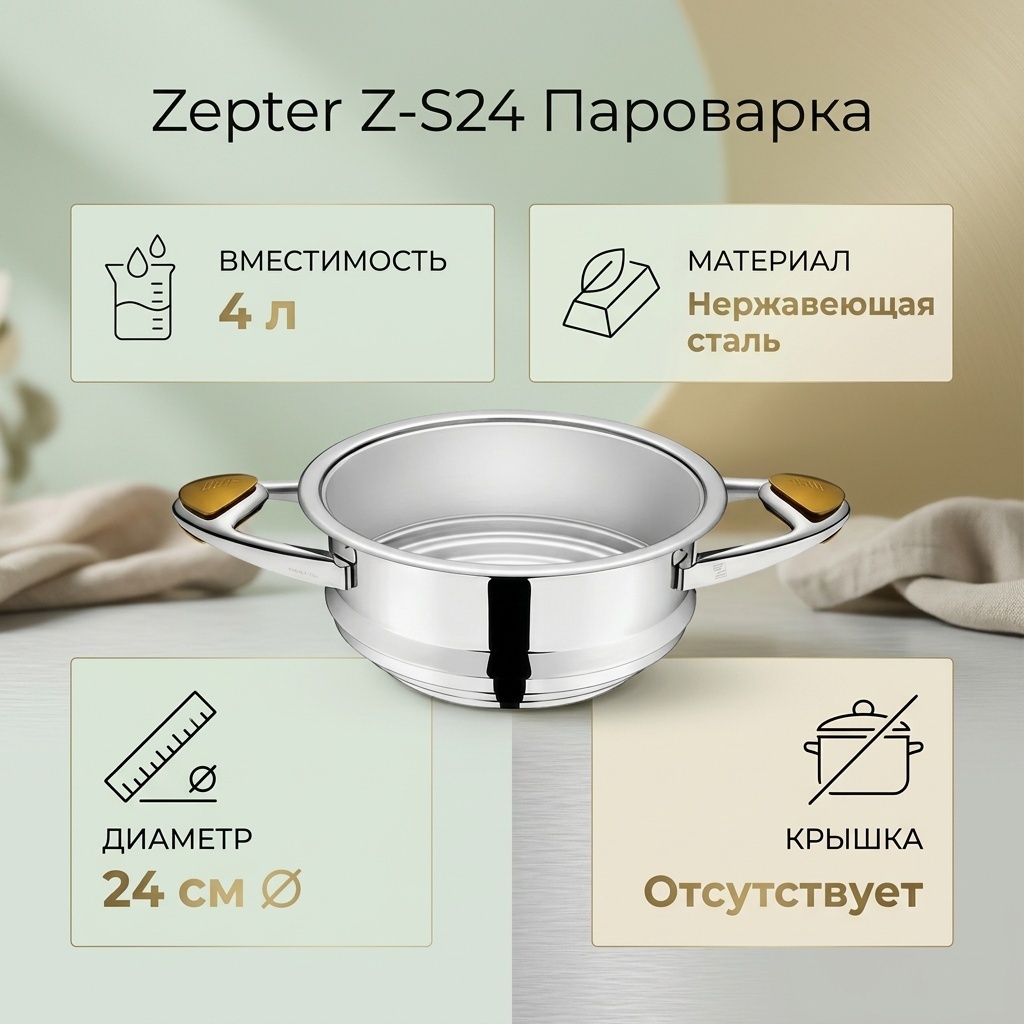 Пароварка 4 л, Zepter сталь, количество ярусов: 1