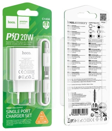 Hoco C143A Lightning, USB Type-C 20 Вт белый