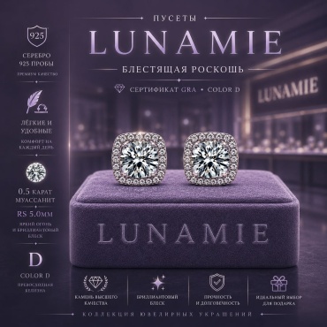 Пусеты LUNAMIE Лабораторные бриллианты с сертификатом GRA VVS/1 D вес 1.59 г серебро, муассанит