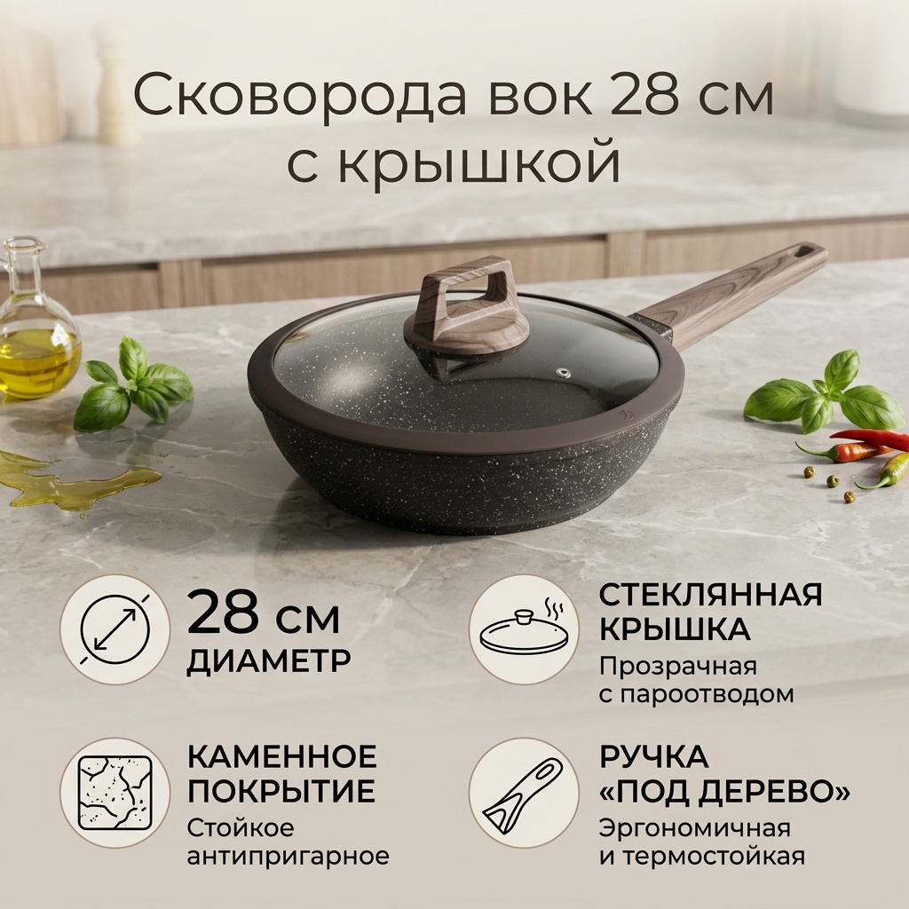 Вок Сковорода вок 28 см с антипригарным покрытием, алюминий