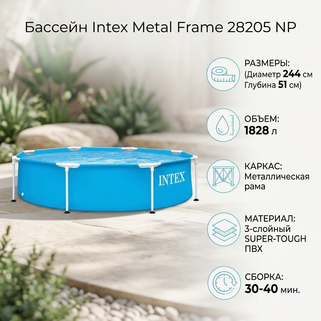 Бассейн каркасный Intex 28205 NP, 244x244x51 см