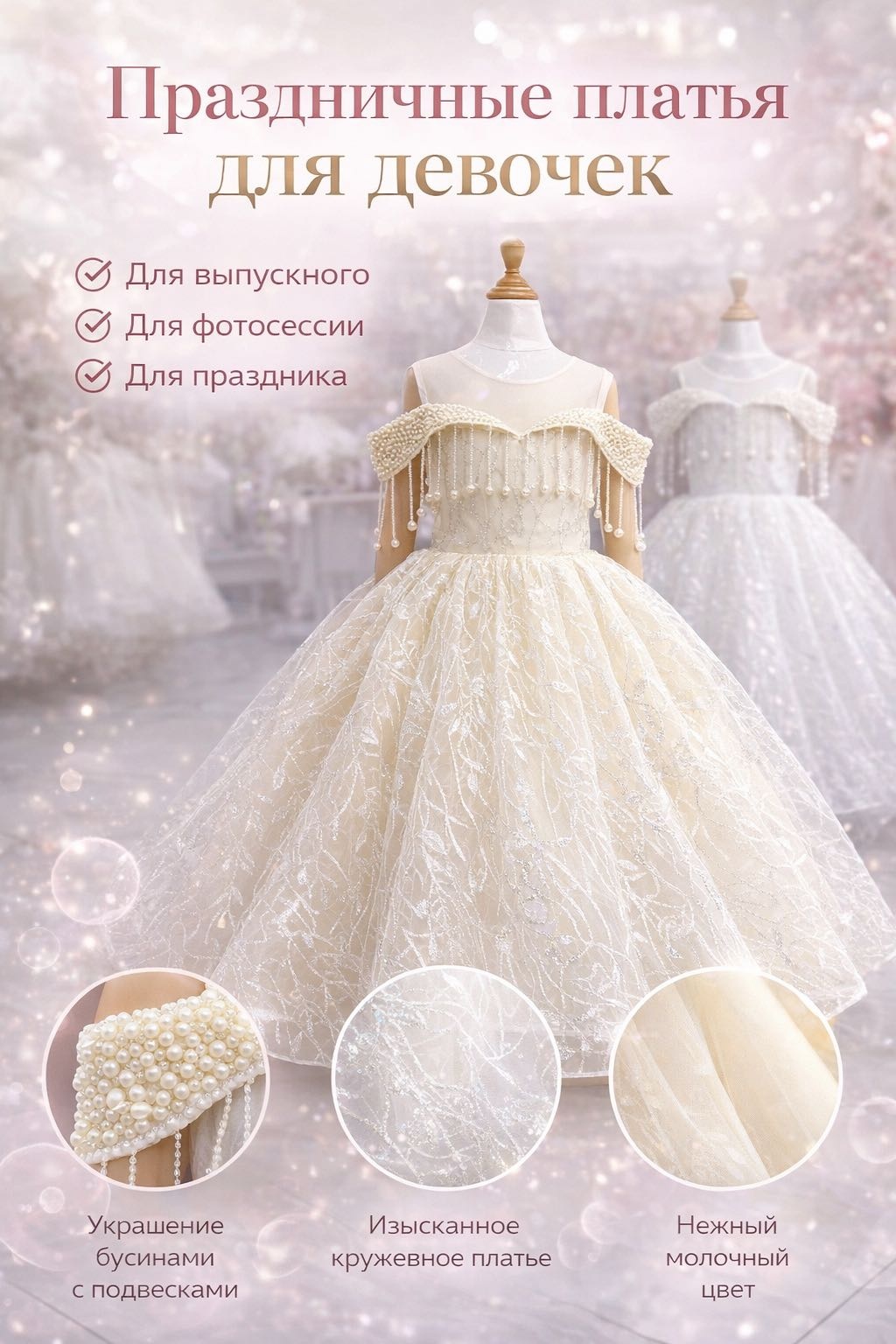 Нарядное платье кружево, бусины бежевый, золотистый, молочный