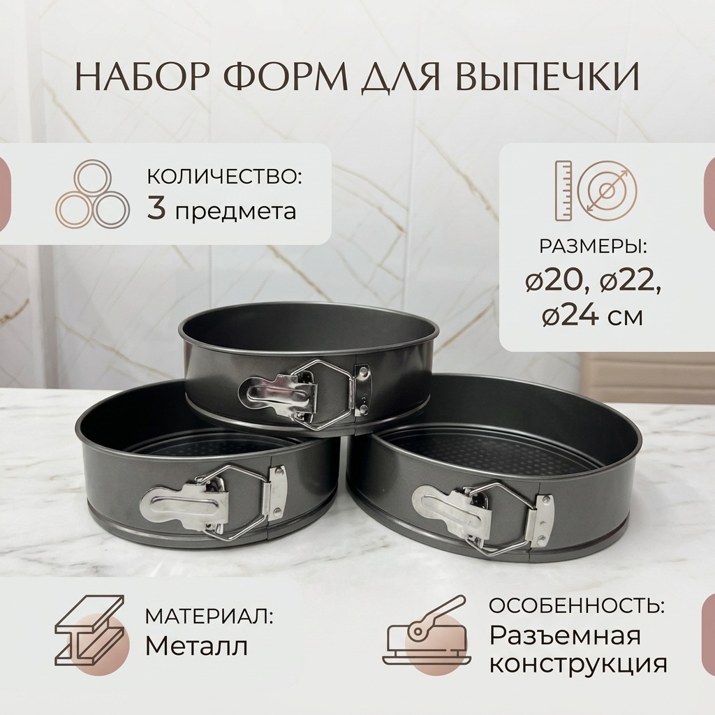 Форма для выпечки, для запекания, для пиццы, для кексов, для нарезания теста 1Market металл, 3 шт