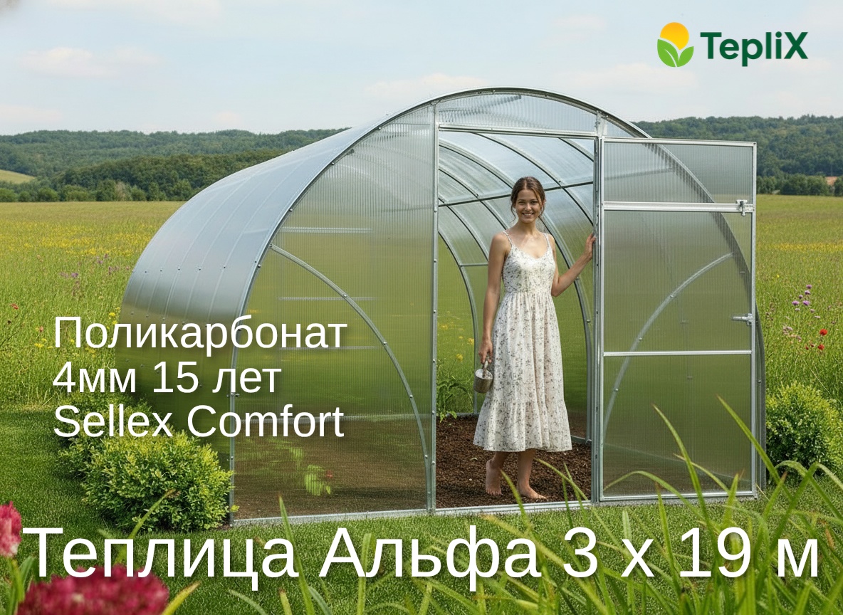 Теплица TepliX Альфа 3х19м Comfort 4мм 210x300x1900 см, поликарбонат
