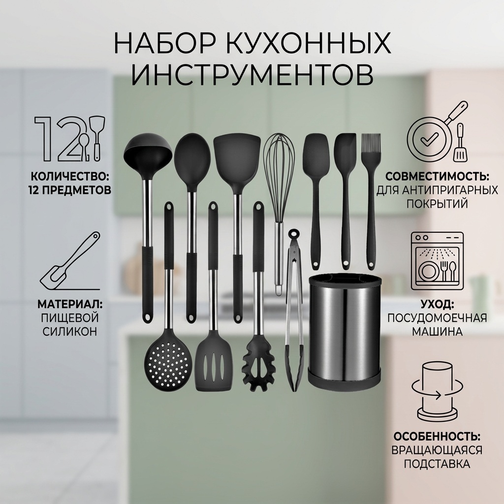 Набор кухонных инструментов силикон, 12 шт