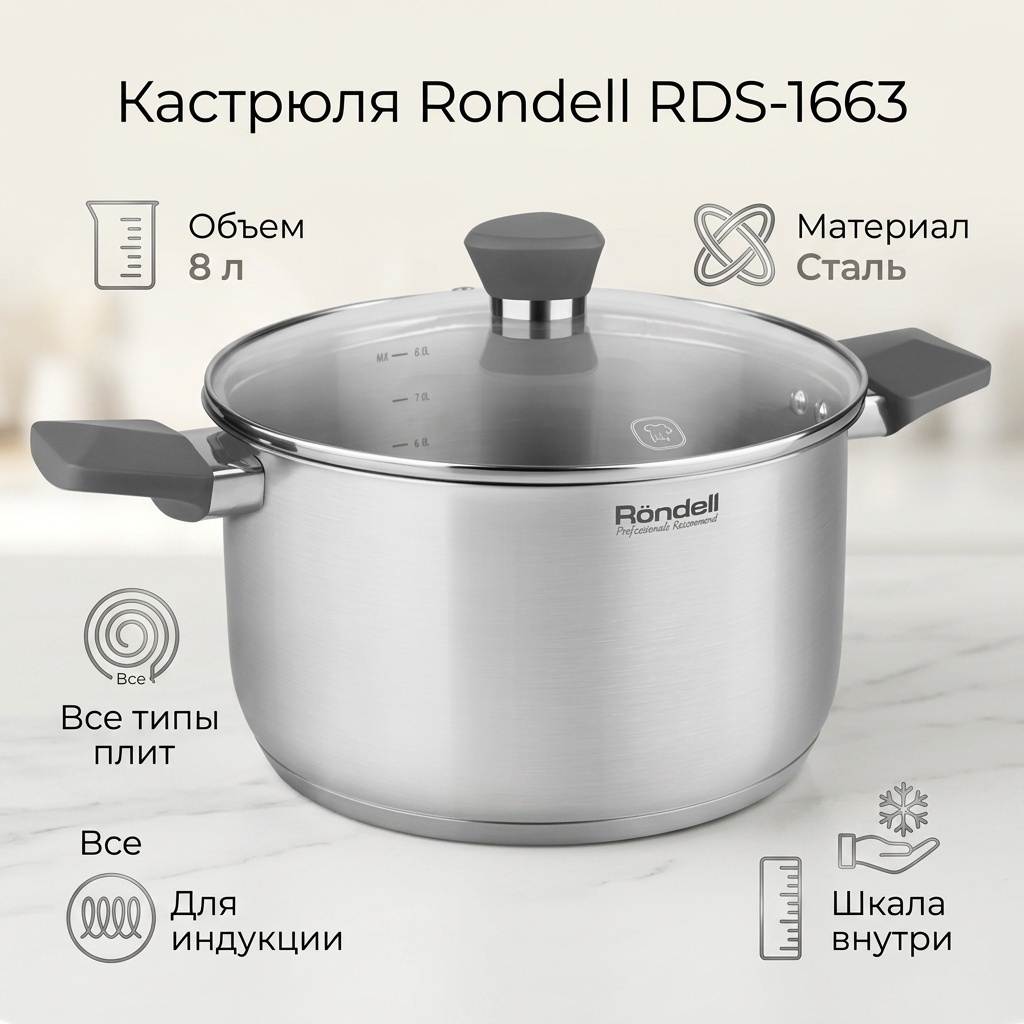 Кастрюля 8 л, Rondell RDS-1663 нержавеющая сталь