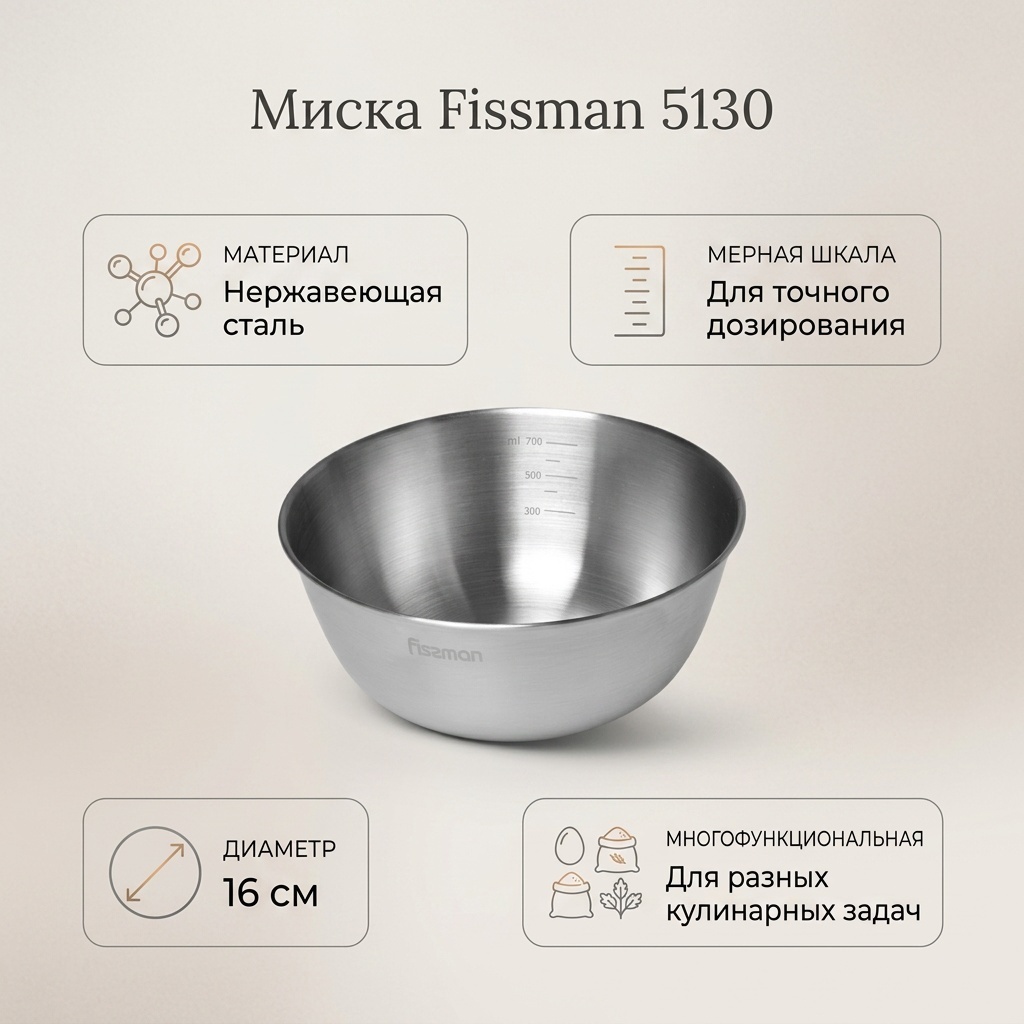 Миска Fissman 16х16 см, нержавеющая сталь, 1 шт