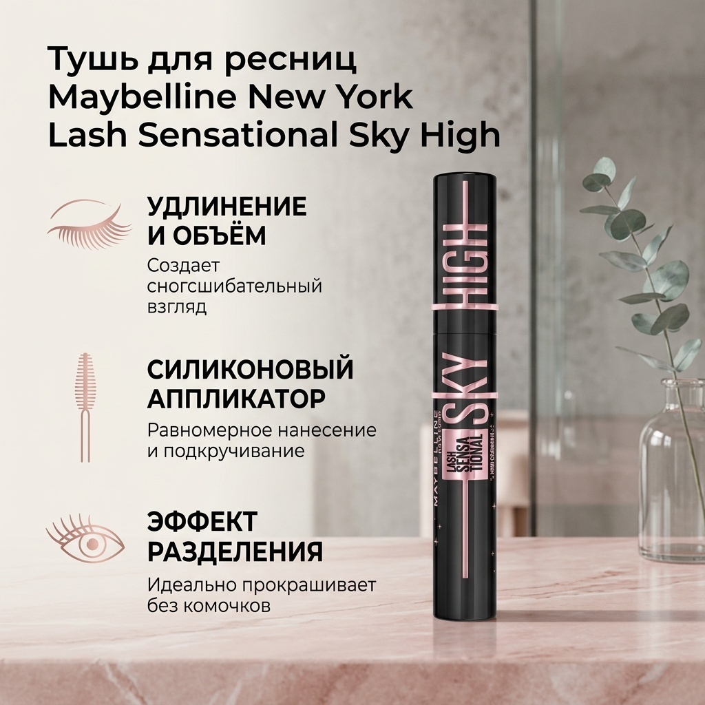 Тушь для ресниц Maybelline New York Lash Sensational Sky High удлиняющая, подкручивающая черный