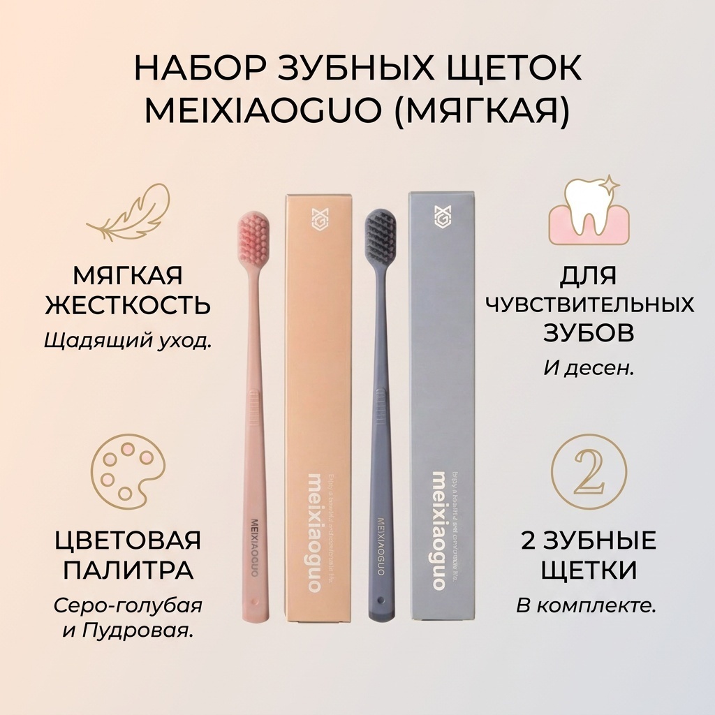 Набор серо-голубая и пудровая зубная щетка мягкая 2 шт