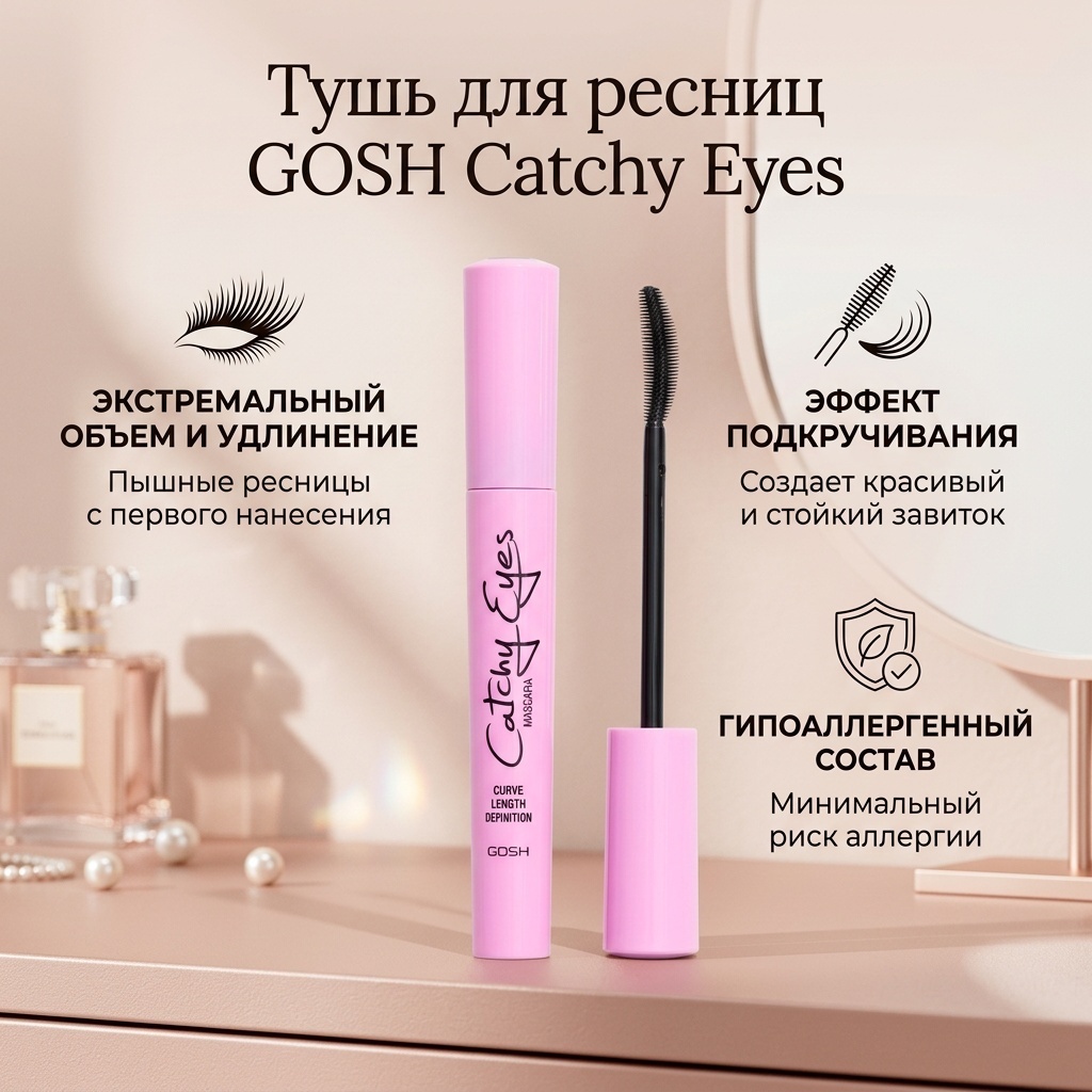 Тушь для ресниц GOSH Catchy Eyes для объема, удлиняющая черный