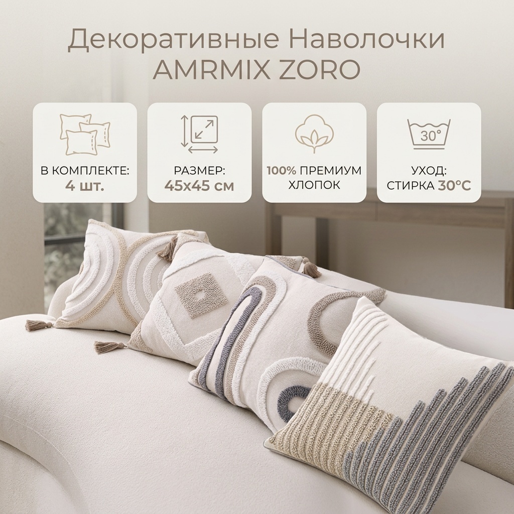 Наволочка AMRMIX ZORO 45x45 хлопок, 4 шт