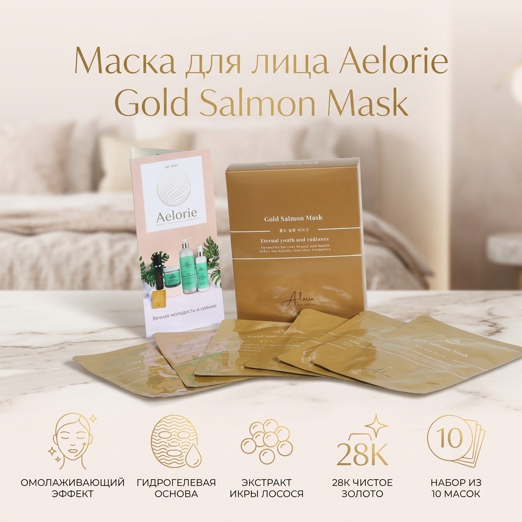 Маска для лица AELORIE гидрогелевая, гелевая, ночная Gold Salmon Mask 10 шт