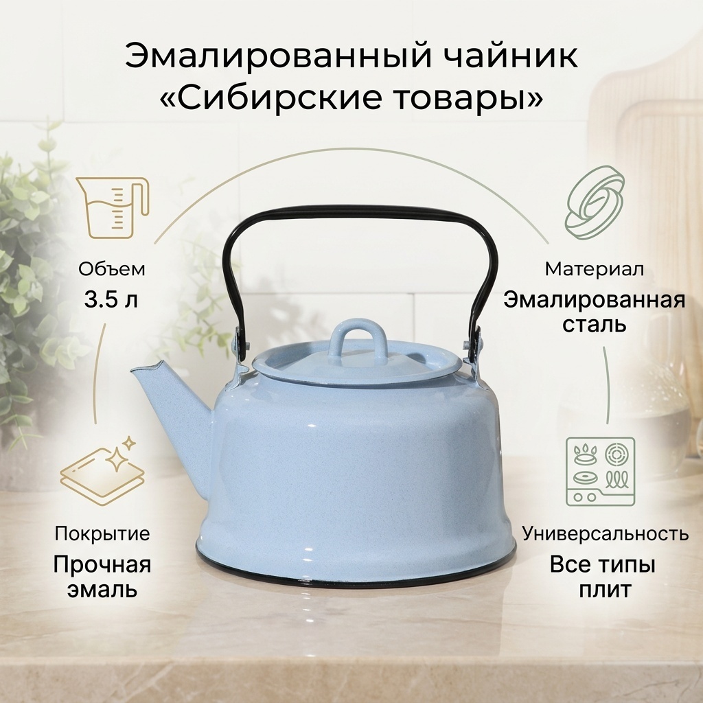 Сибирские товары чайник 1421649 3.5 л, эмалированная сталь
