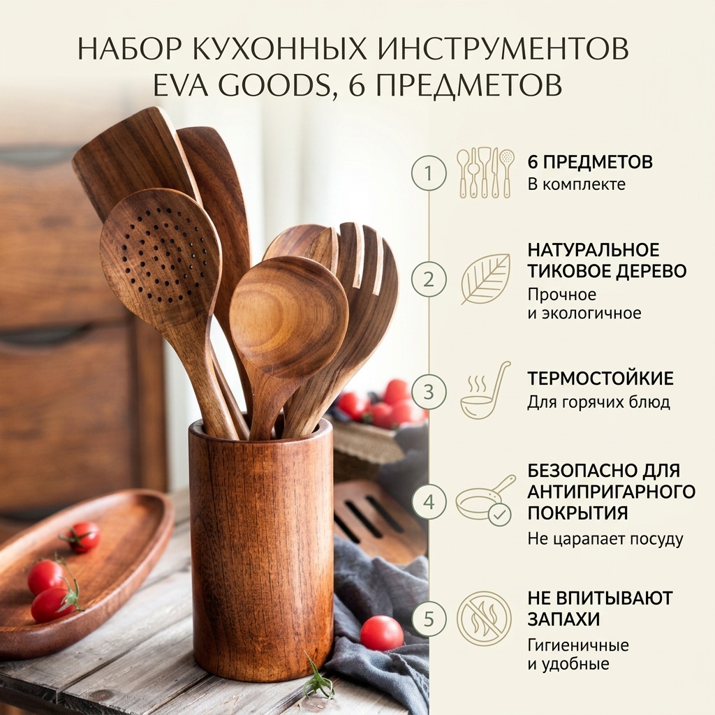 Набор кухонных инструментов Eva Goods дерево, 6 шт