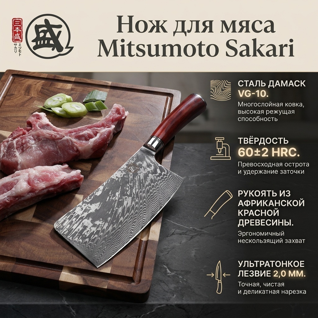 Нож для мяса Mitsumoto Sakari, лезвие: дамасская сталь 1 шт