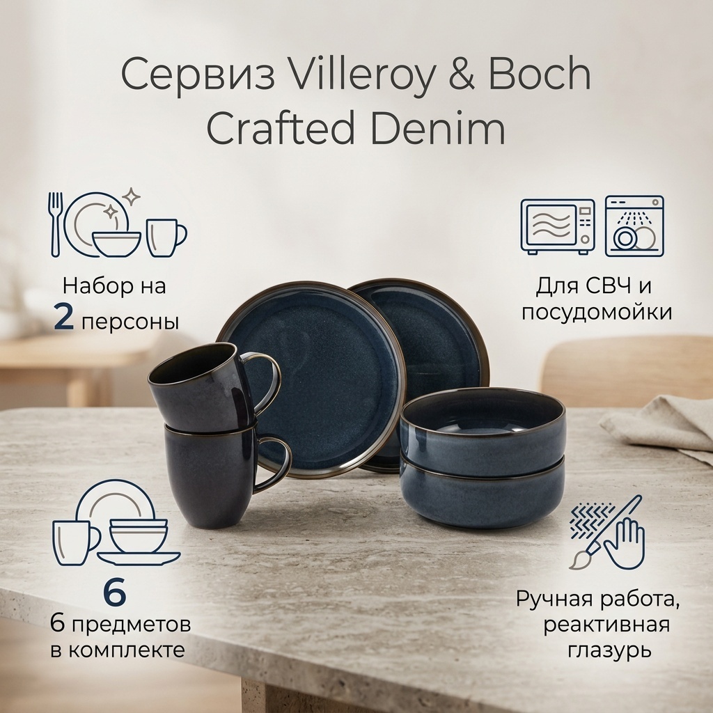 Сервиз на 2 персоны Villeroy&Boch Деним, предметов: 6, чайно-столовый, фарфор