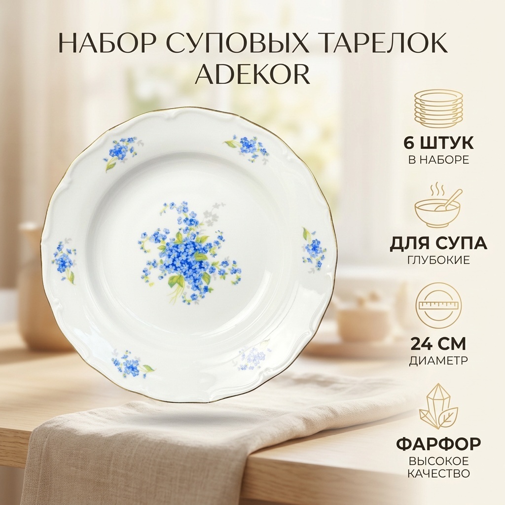 Набор тарелок Adekor 24 см, 6 шт, фарфор