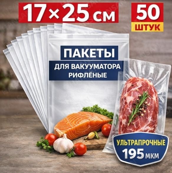 Пакеты для вакууматора HANSAN для замораживания и хранения продуктов, 17х25 см, 50 шт