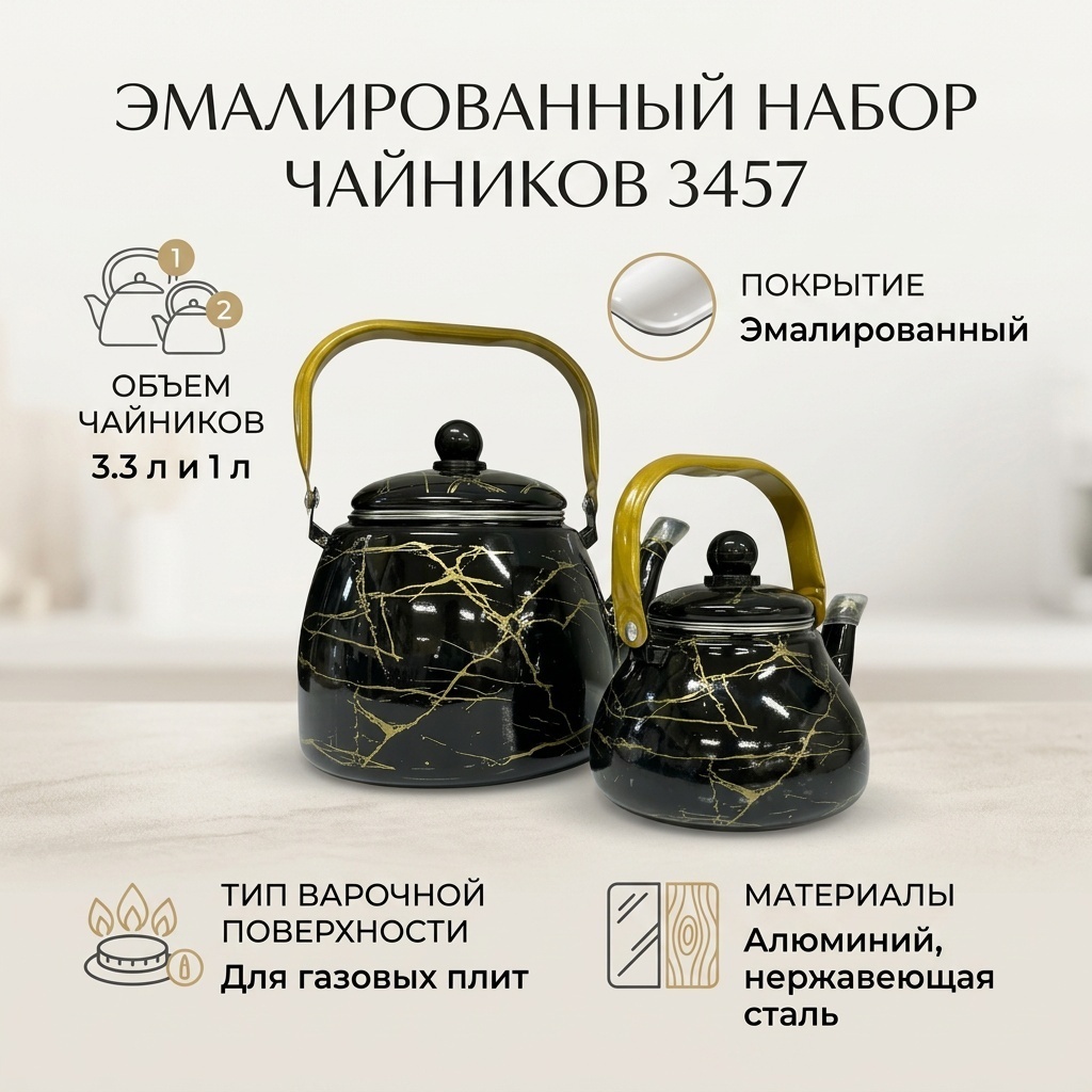 Набор чайников 3457 3.3 л, алюминий, нержавеющая сталь, эмаль