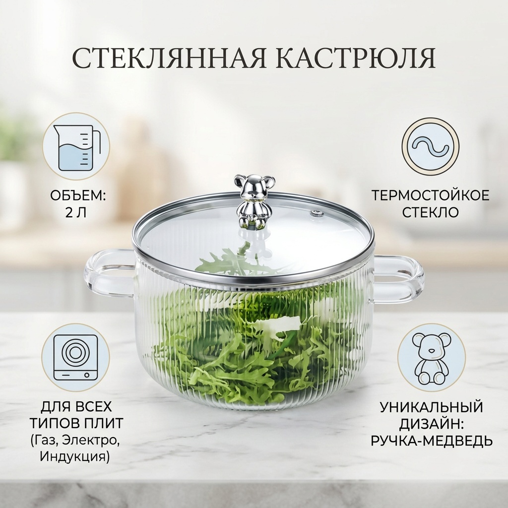 Кастрюля 2 л, Стеклянная кастрюля 1,6 л стекло