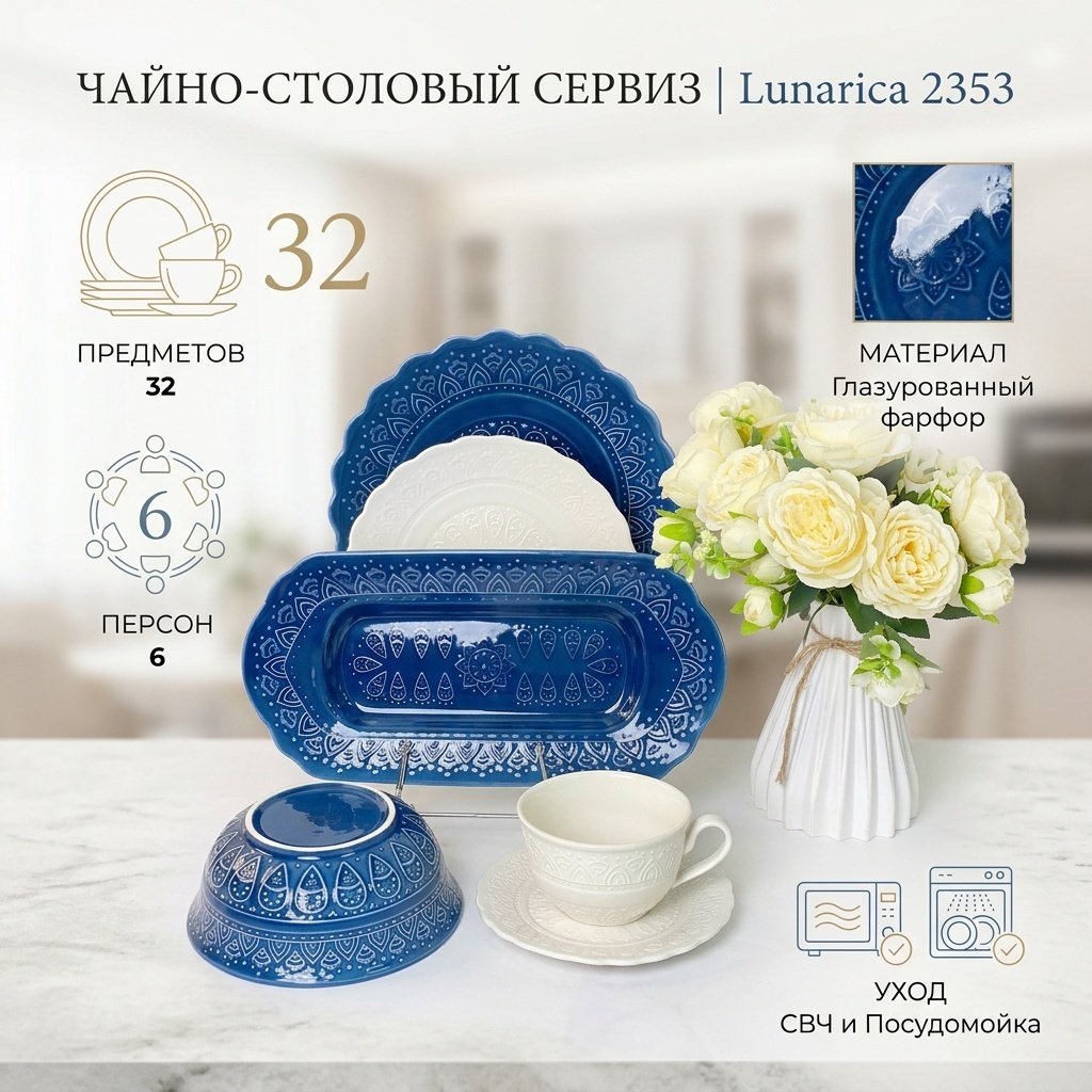 Сервиз на 6 персон Lunarica , предметов: 32, чайно-столовый, фарфор