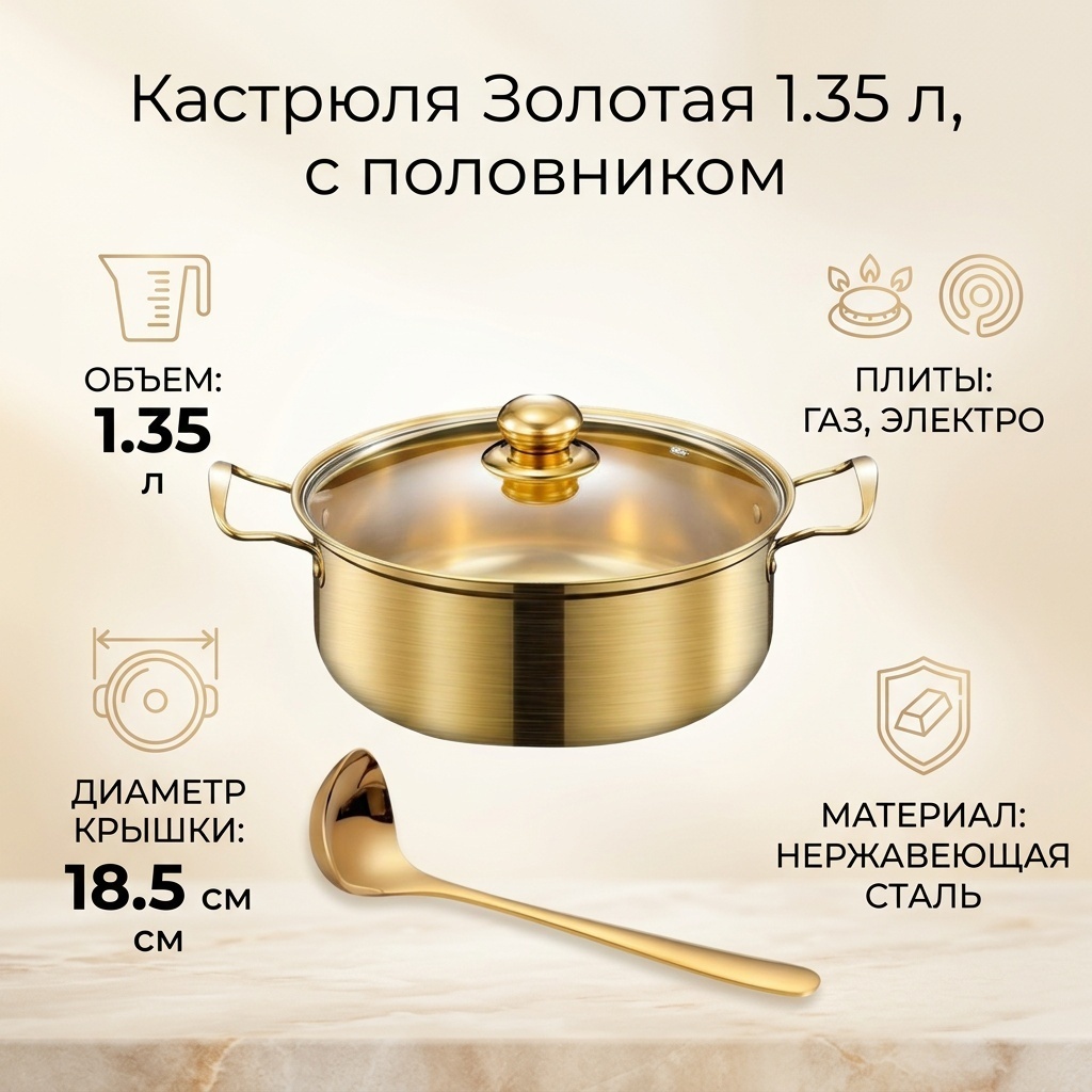 Кастрюля 1.35 л, Gold +половник нержавеющая сталь