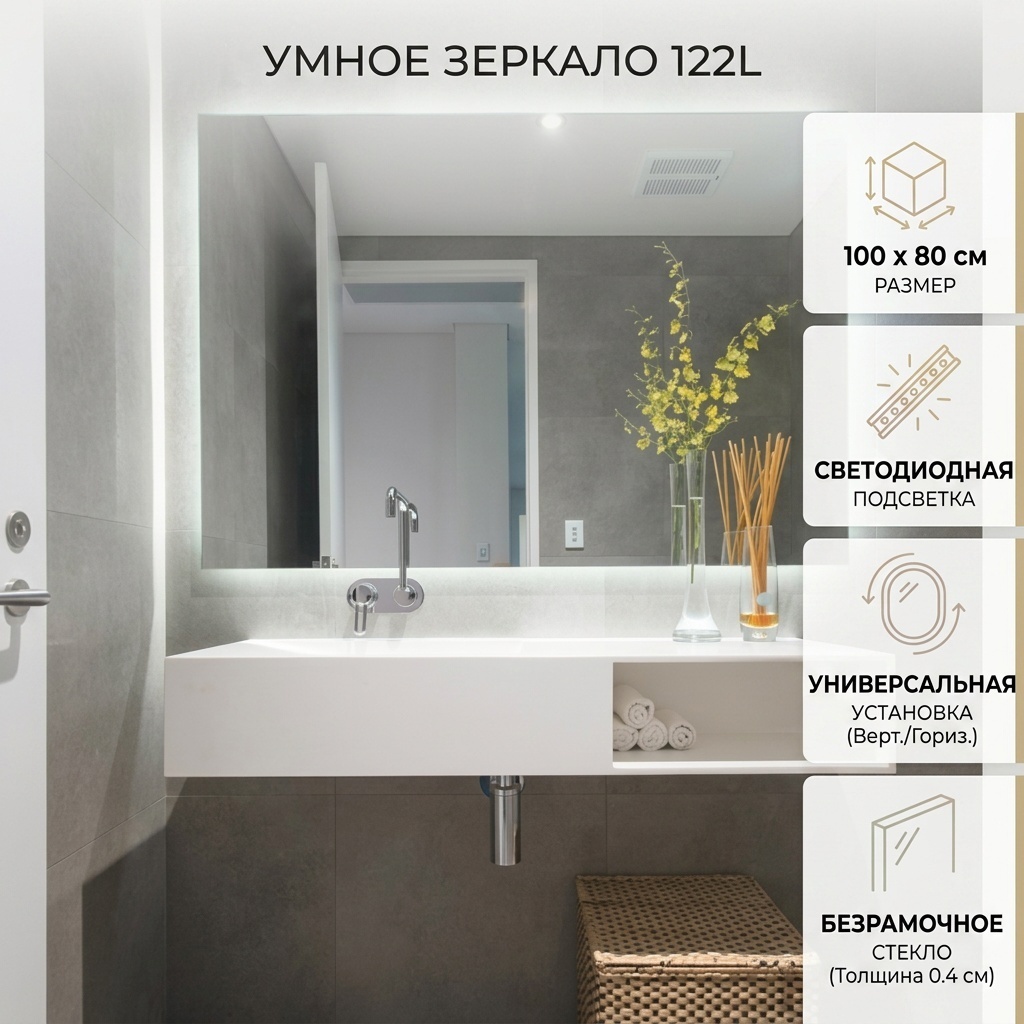 Умное зеркало настенное 100x80 см