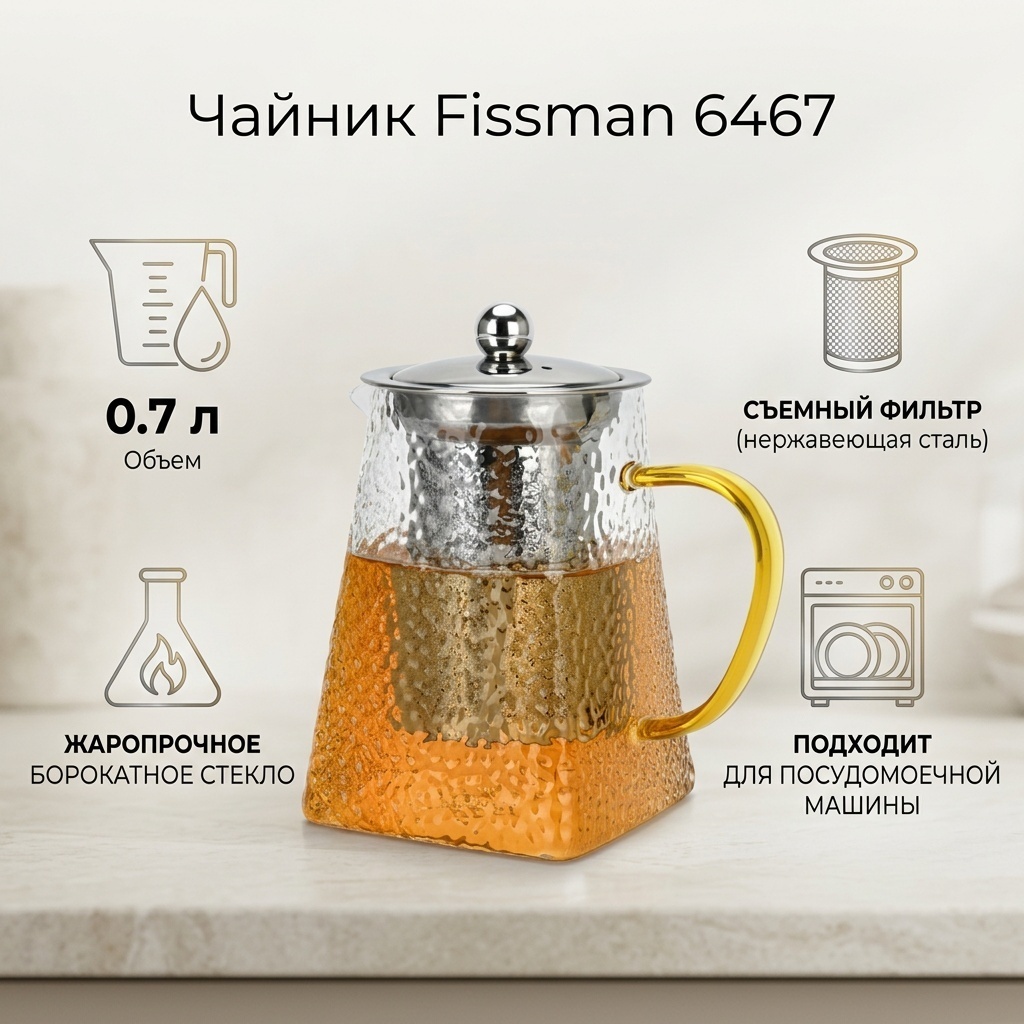 Чайник Fissman 6467 0.7 л, стекло