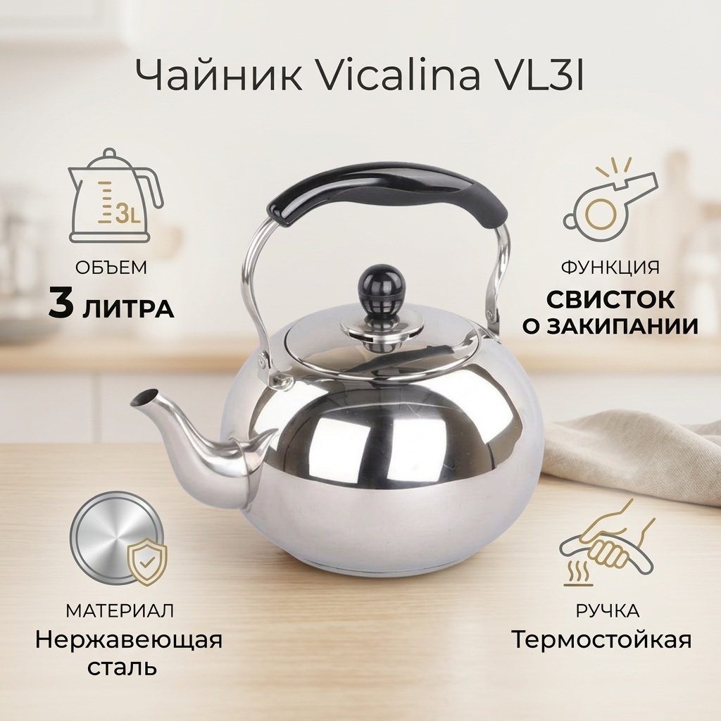 Vicalina чайник VL3l 3 л, нержавеющая сталь