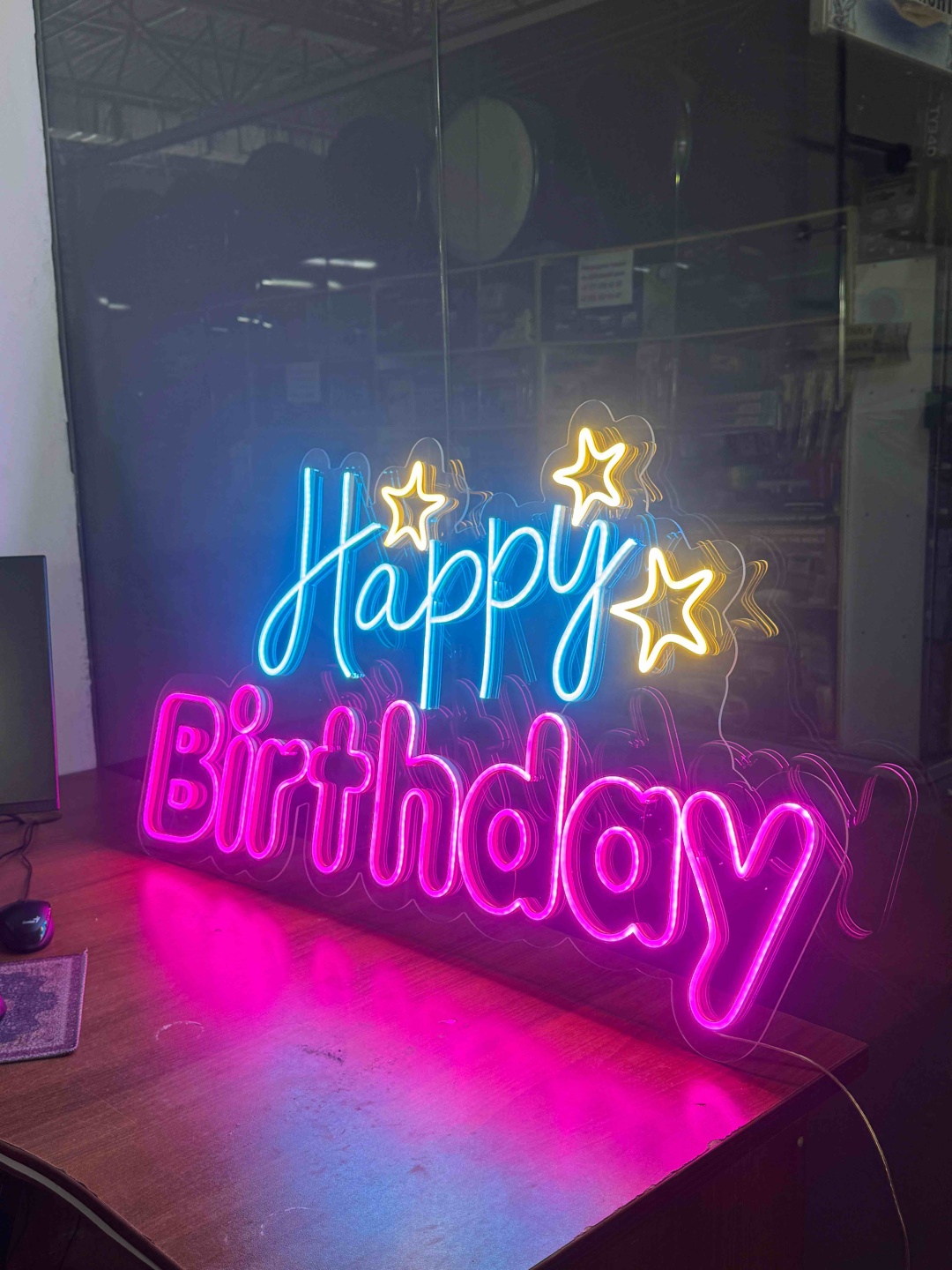 Неоновая вывеска настенный Happy Birthday, белый, желтый, розовый