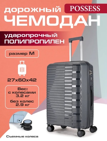 Чемодан Possess 597131688 полипропилен 77.6 л серый