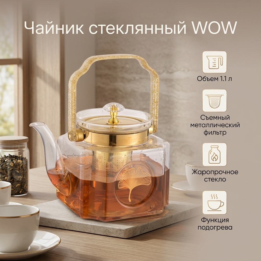 Чайник WOW Чайник стеклянный 1.1л 1.1 л, жаропрочное стекло