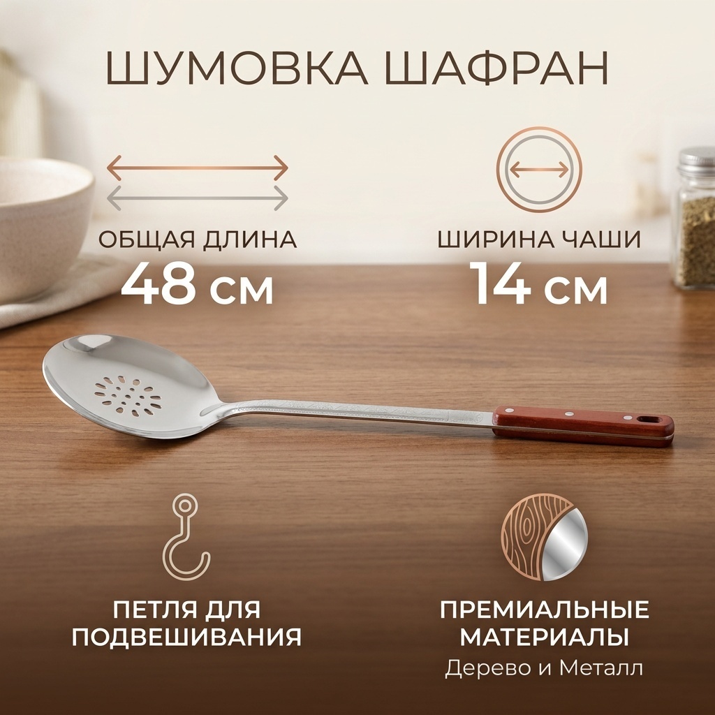 Шумовка Шафран дерево, металл, 1 шт