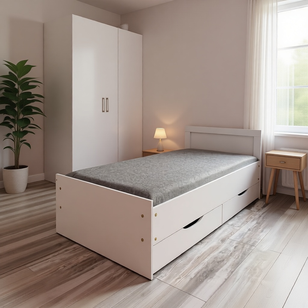 Кровать Kereuet mebel Newden односпальная, 90x200 см (с матрасом, без подъёмного механизма) белый