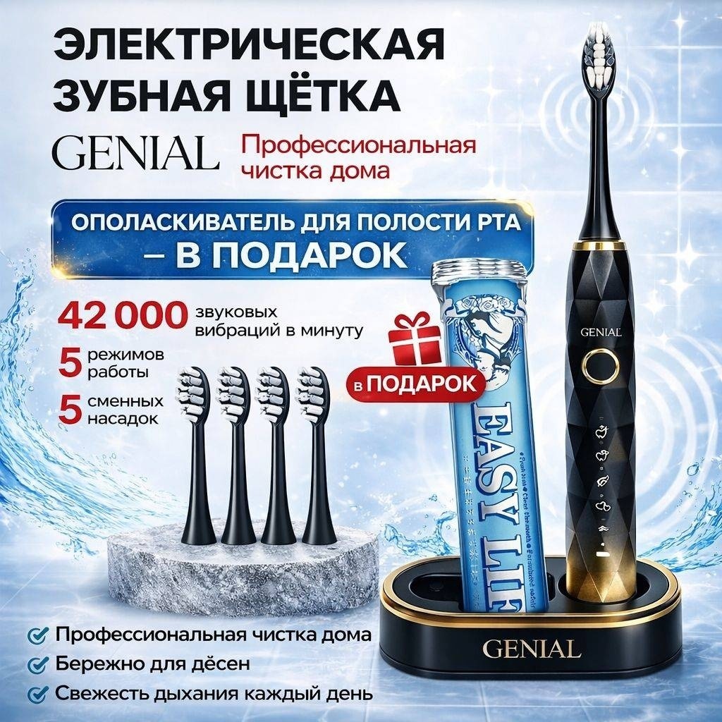 GENIAL Электрическая ульразвуковая зубная щётка Genial с насадками и беспроводной зарядкой зубная щетка средняя 1 шт